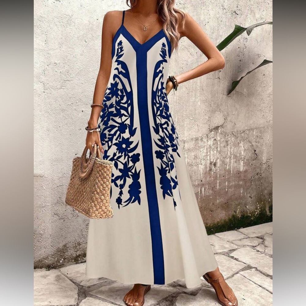 Blue and White Floral Print Maxi Dress - Picture 6 of 7